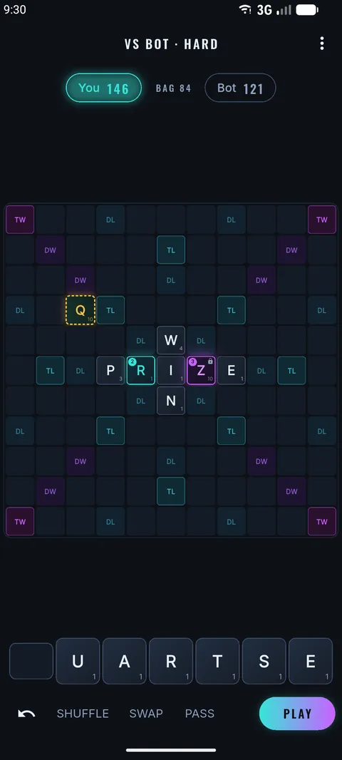 UpWord board mid-game with stacked tiles
